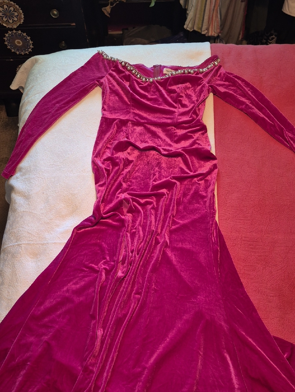 Rhinestone Trim Off-Shoulder Velvet Long-Sleeve Gown - Fuchsia Pink